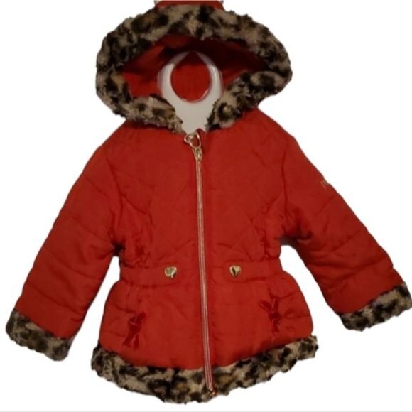18 MONTHS Red CHEETAH TRIM PUFFER Jacket Coat Parka Winter Snow Pistachio Girls - Picture 2 of 14